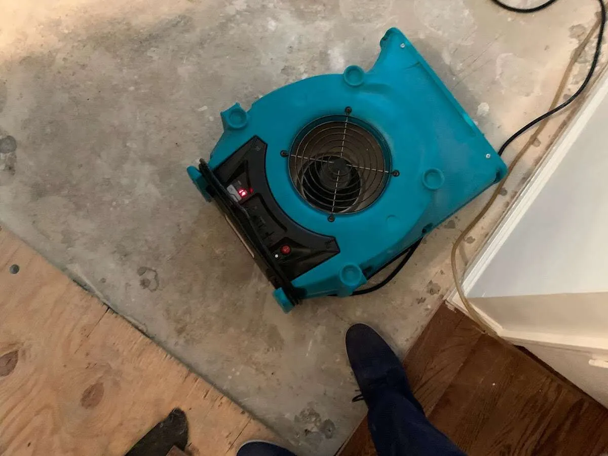 Air mover drying subfloor during Commercial Water Damage Restoration in Kinross